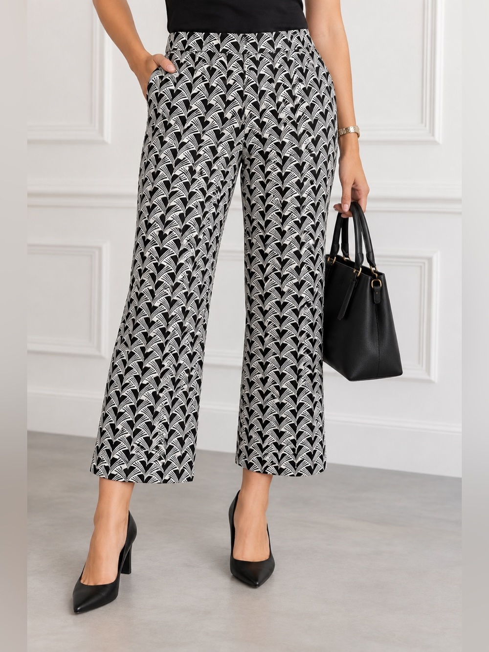 Maeve by Anthropologie The Margot Black White Geometric Wide Leg Pants L